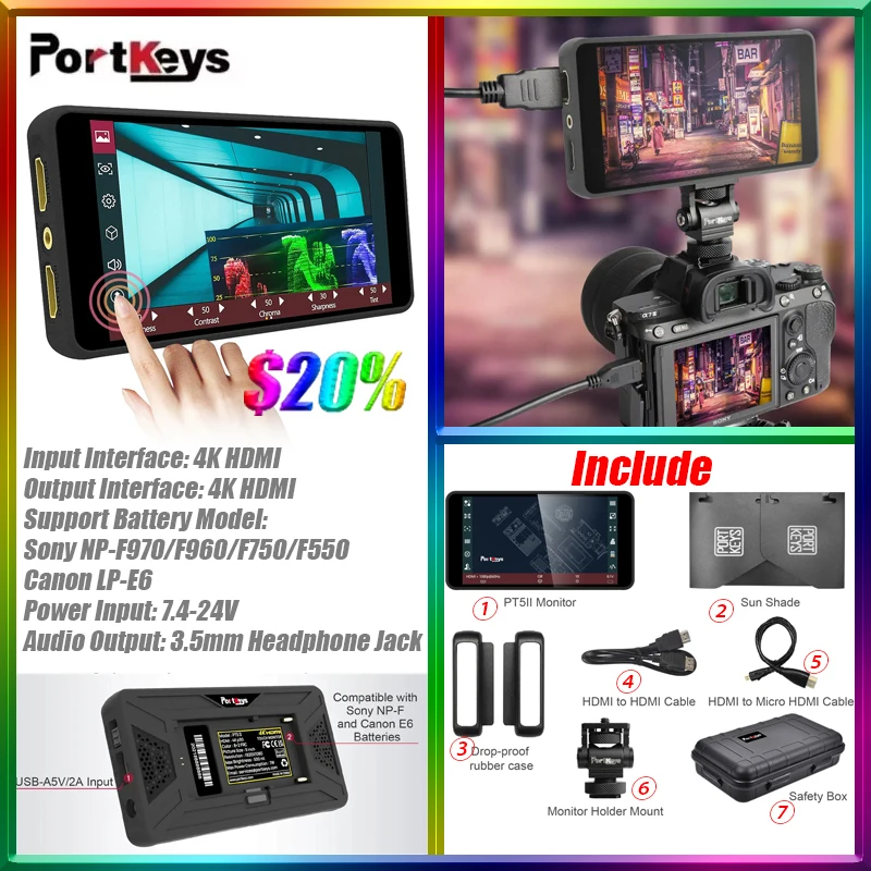 

Portkeys PT5II Touchscreen Camera Field Monitor 5 Inch 500nits Full HD 3D LUT 1920×1080 IPS 4K HDMI