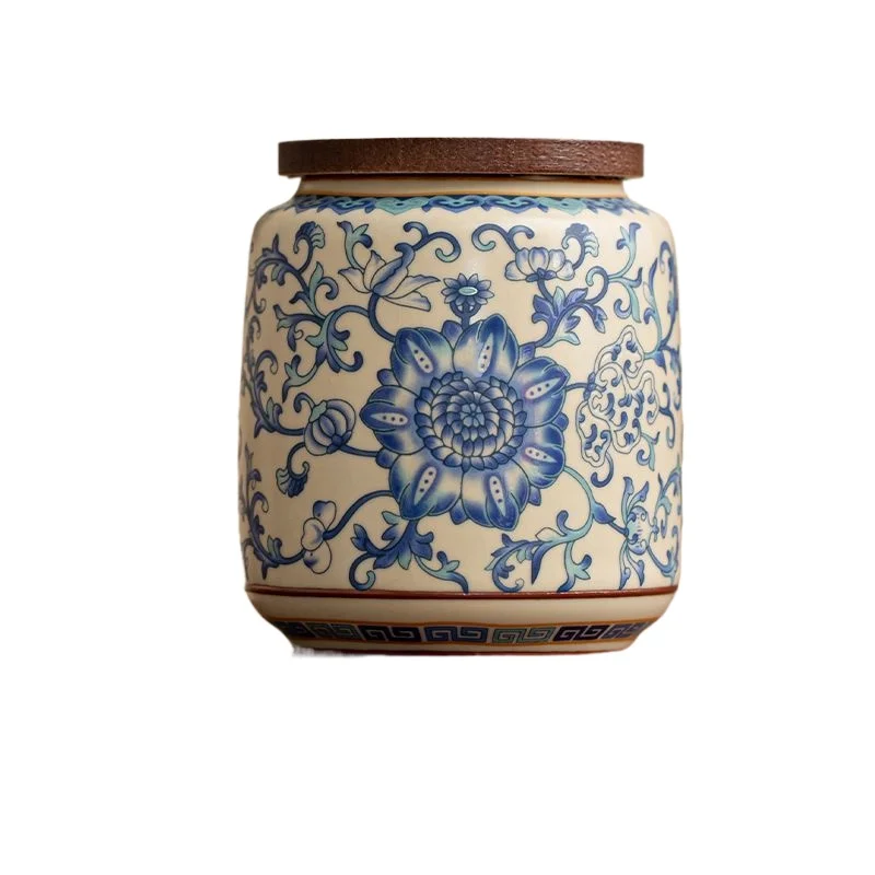 الإبداعية الضوء الأزرق زهرة الكرمة شاي سيراميك جرة مع غطاء خشبي مقاوم للرطوبة مختومة جرة تخزين زجاجة الحلوى الغذاء الحاويات