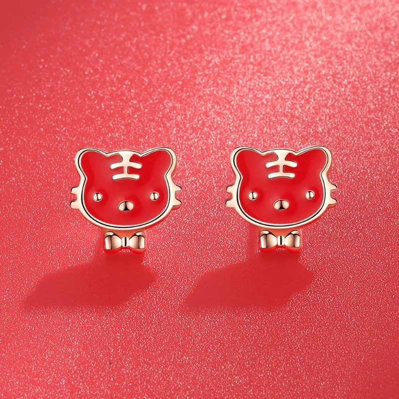 

Red Tiger Silver Ear Ring Fashion Chinese Style Design Simple Charm Unique Ear Ornament Zodiac Sign Tiger Suitable for Women