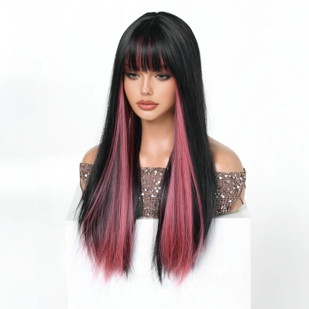 Easihair Black with Red Pink Highlight Long Straight Wig With Bangs Heat Resistant Synthetic Hair Gothic Halloween Cosplay Wigs - view 5