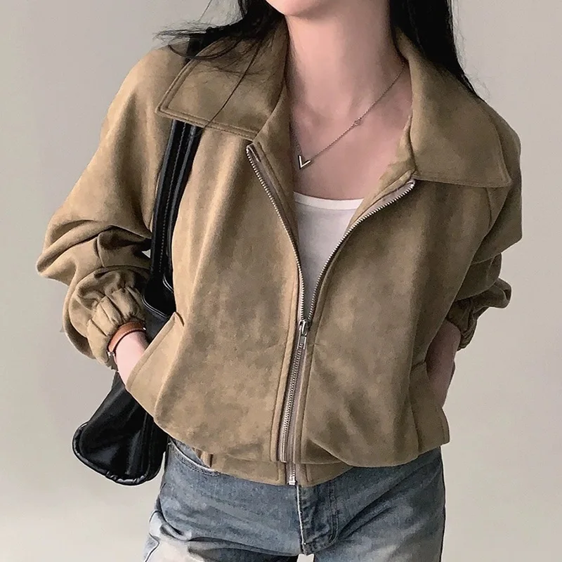 

Fashion Loose Suede Jacket Women Khaki Zipper Lapel Long Sleeve Pockets Coat Female 2025 Spring Autumn Vintage High Street Tops