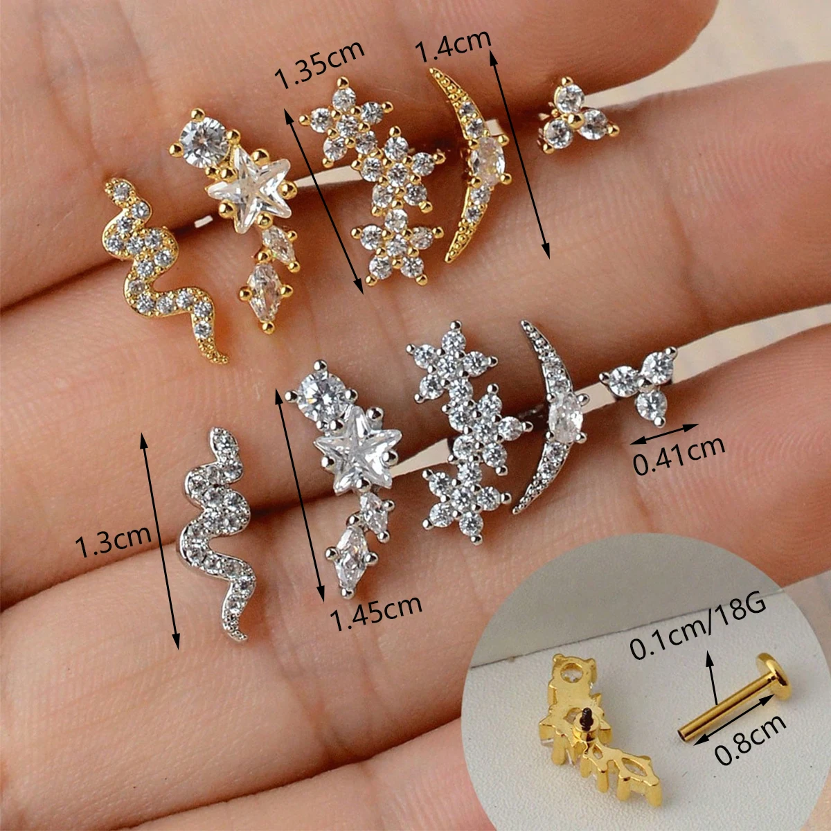 1PC 316 Stainless Steel Snake Moon Star CZ Internal Thread Piercing Stud Cartilage Helix Daith Conch Flat Standard Earrings 18G