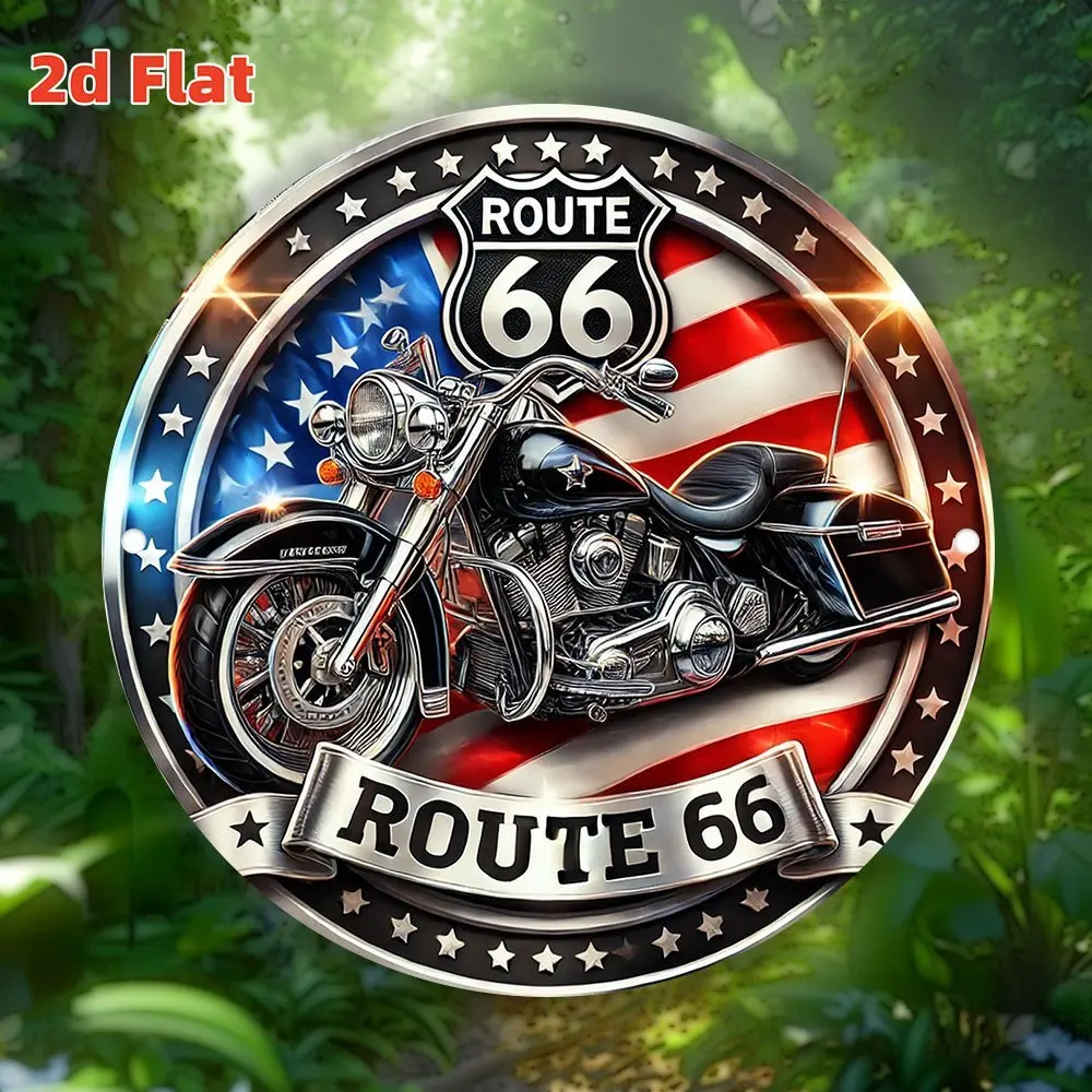 

2D Flat, Vintage Route 66 Motorcycle Metal Sticker,20x20cm - Retro American Flag Design, Aluminum Wall Art, Suitable for Home,
