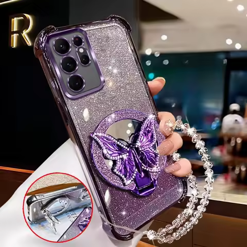 Glitter Butterfly Mirror Crystal Bracelet Case for Samsung Galaxy S25 Edge S24 S23 S22 S21 S20 FE Ultra Plus Shockproof Cover