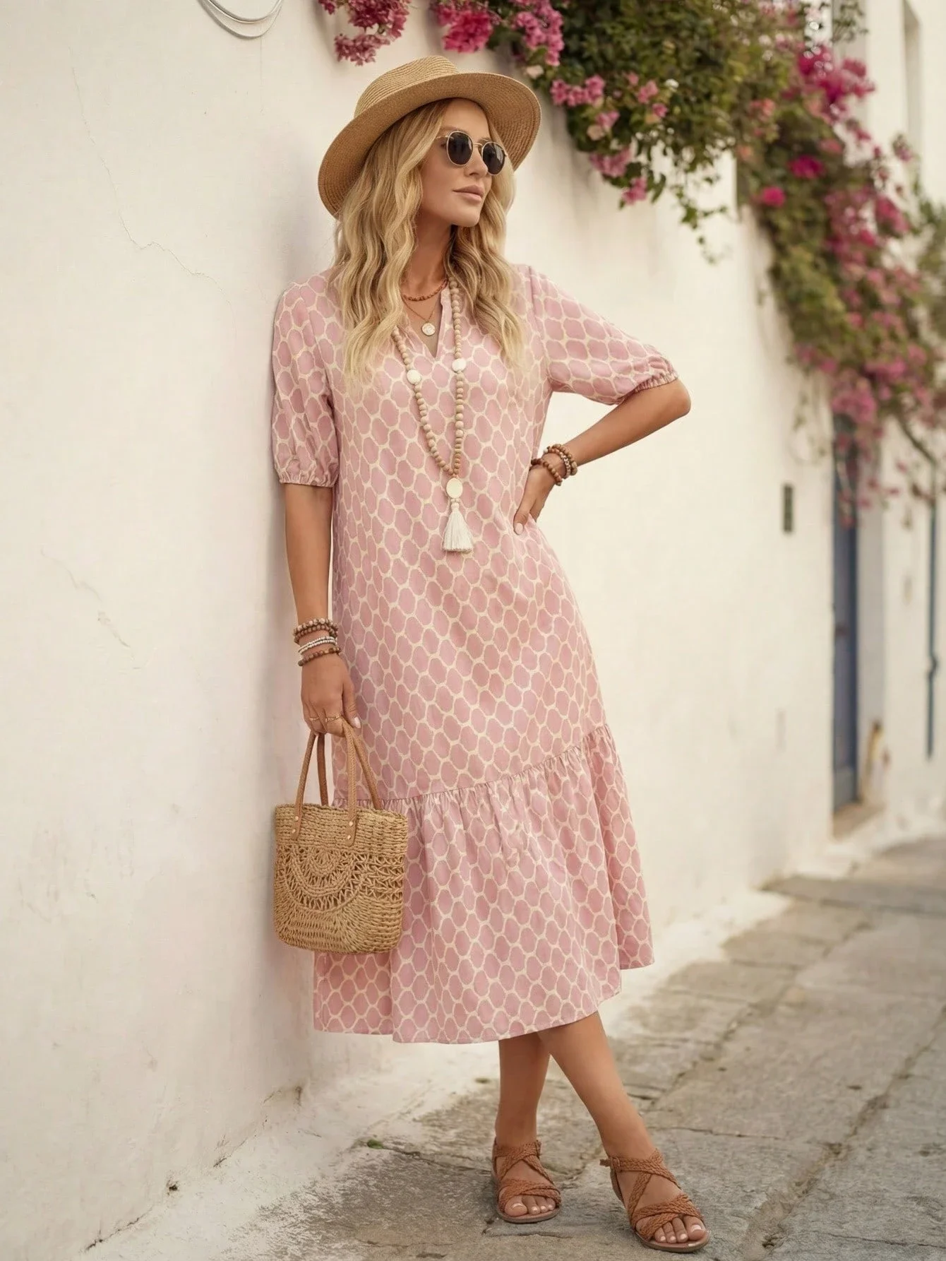 Women's Notched Neck Ruffle Hem Short Sleeve Midi Dress Summer Bohemian Sun Dress