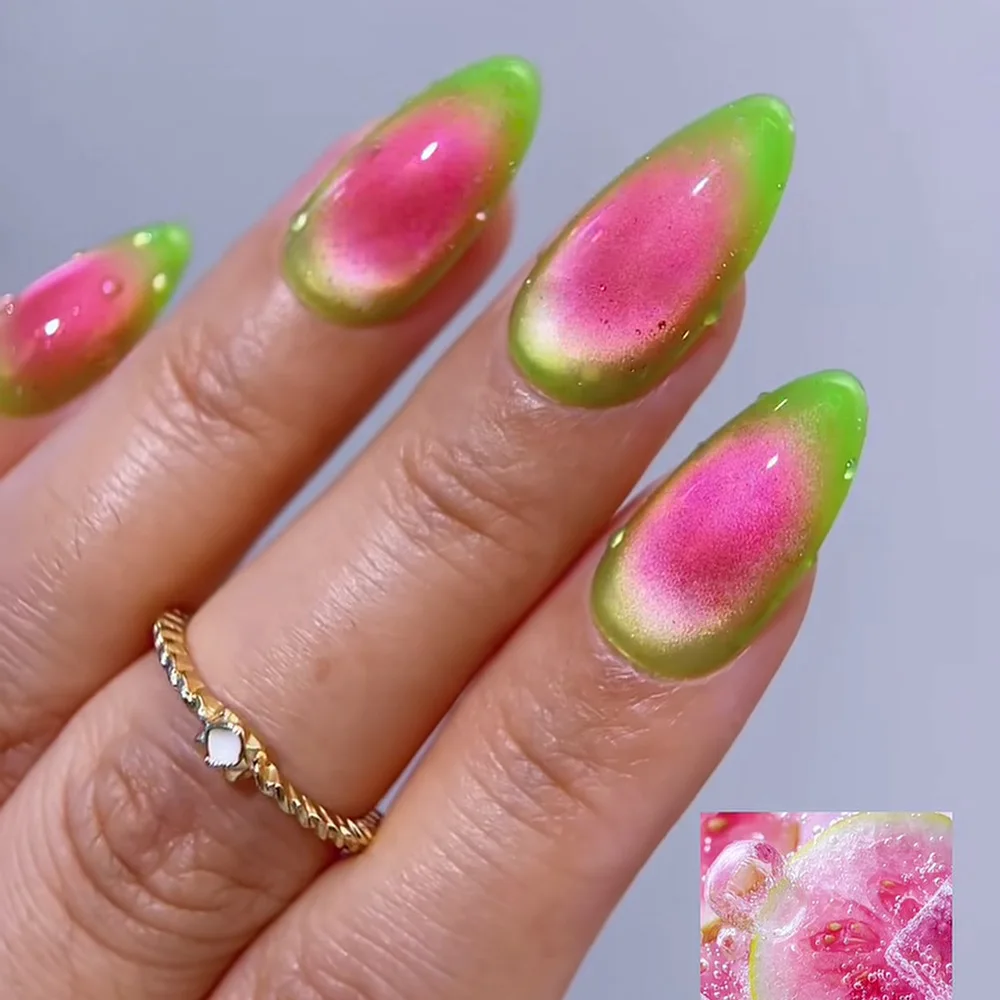 Gradient Cat Eye Press on Nails Watermelon Summer Watermelon Pattern Fake Nails Full Cover Press on Nail Removable Wearable Tip