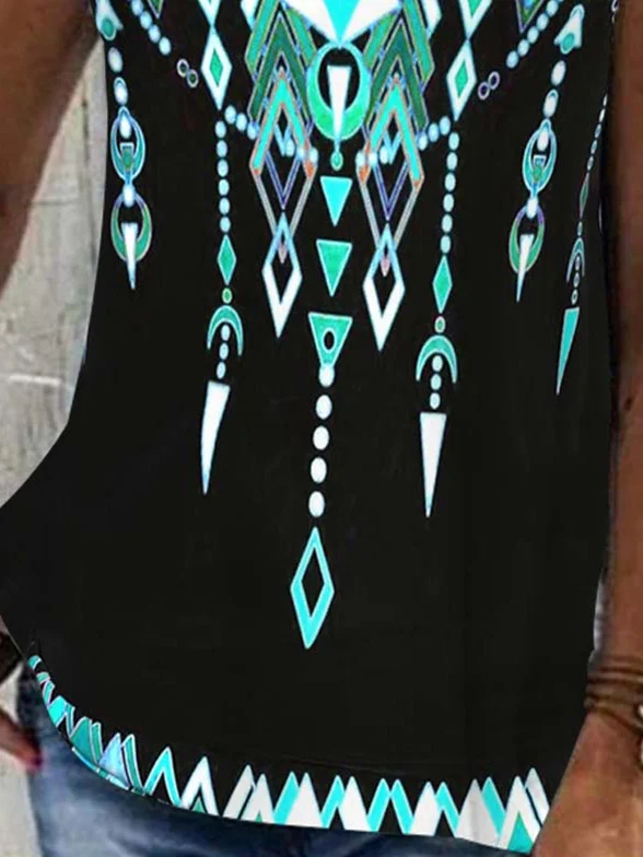 Plus Size Women Sleeveless V-neck Graphic Printed Ethnic Top