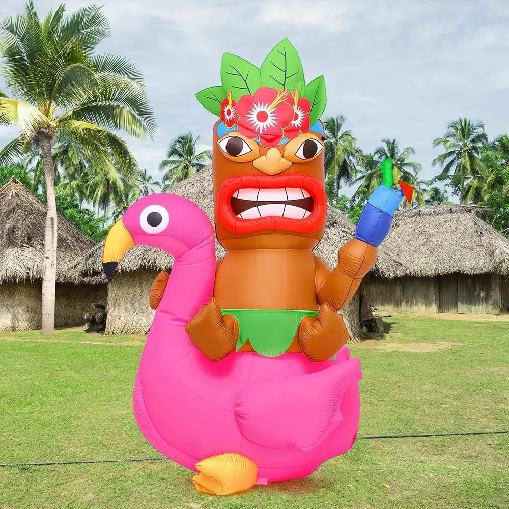 

5 ft Iatable Tiki Flamingo Surfboard Luau Hawaiian Party Decorations Summer Iatables Outdoor LED Lighted Tiki Blow up Beach Trop
