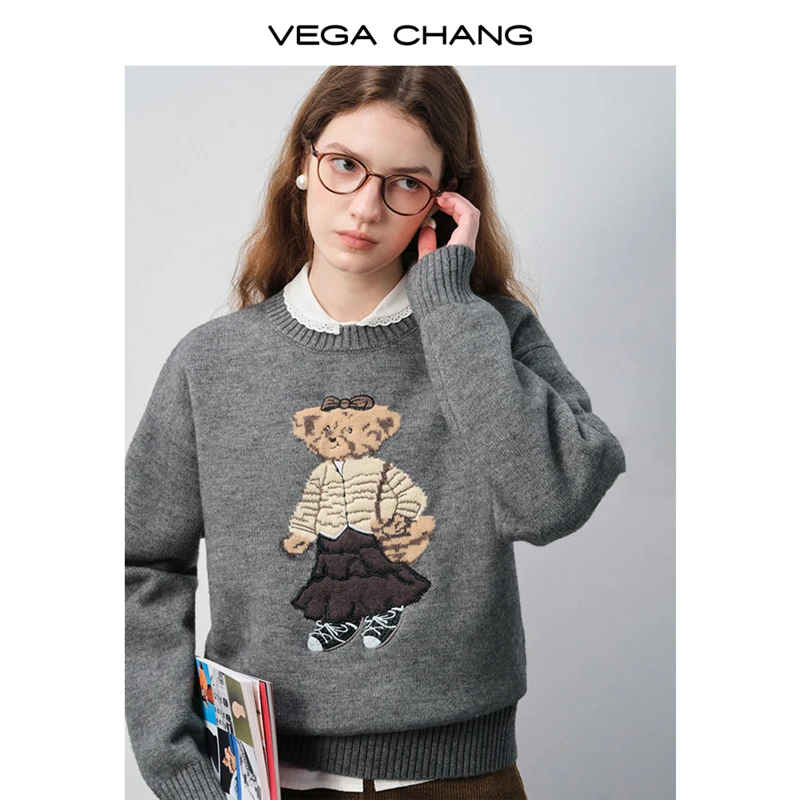 

Vega Chang Bear Embroidered Knitwear for Women, New Autumn and Winter Retro Soft and Versatile Sweater