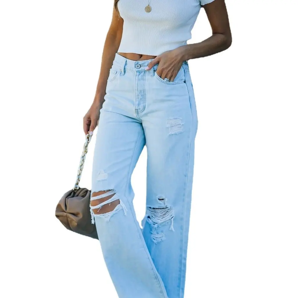 

Европейская и американская женская трансграничная торговля Amazon, новые стираные светлые цвета WISH, элегантные повседневные рваные джинсовые брюки Tide