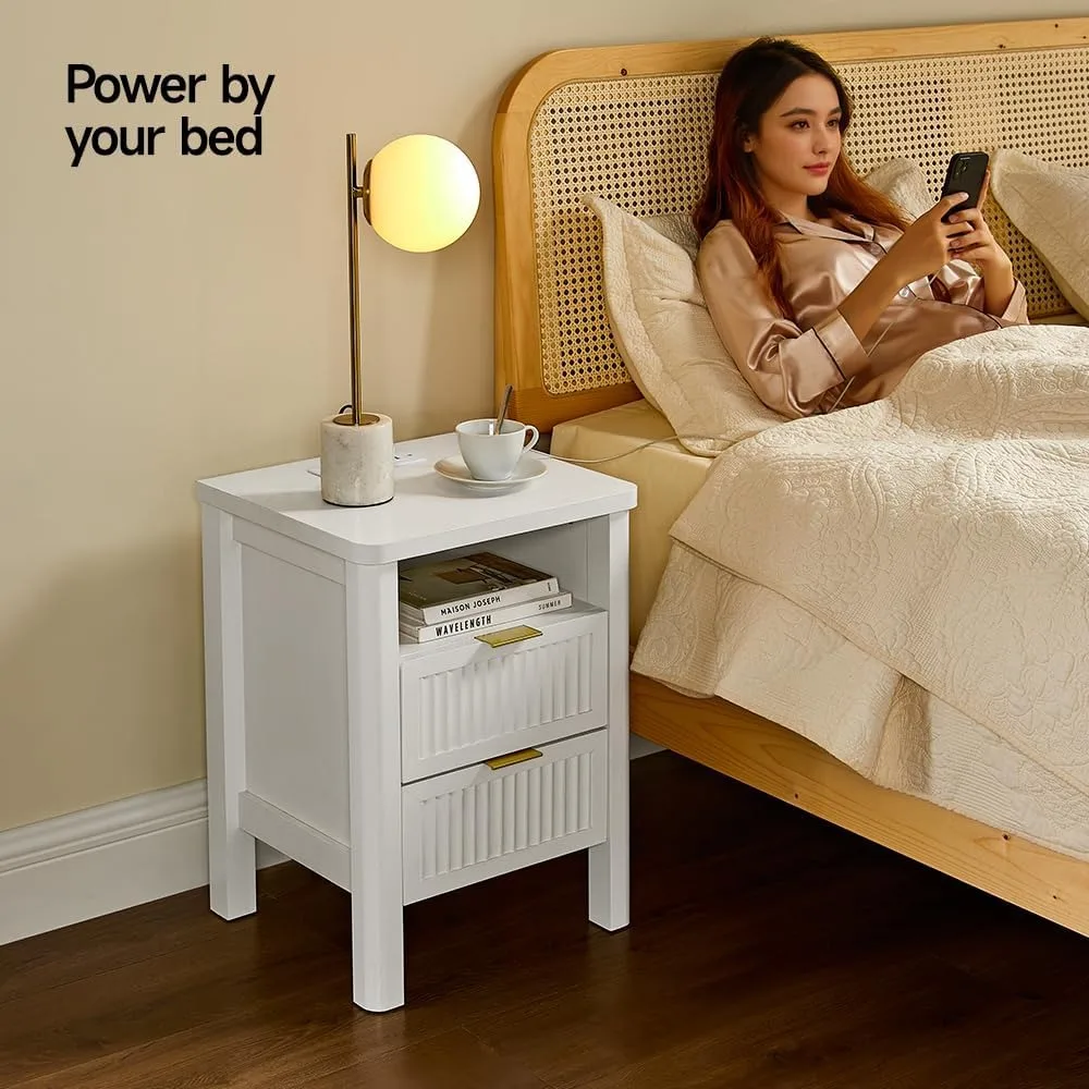 23" Modern Fluted Night Stand, 2 Drawer Charging Station, Curved Design Nightstand Set of 2, White - view 6
