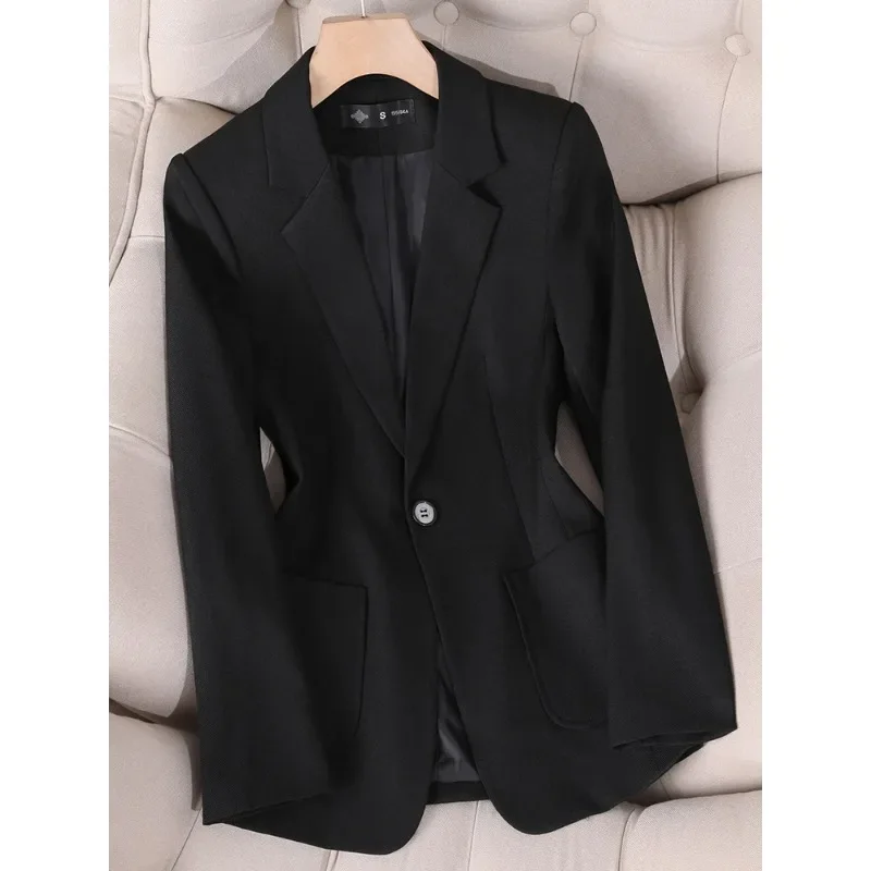 Spring Autumn Black White Women Blazer Long Sleeve Single Button Office Ladies Jacket Business Work Wear Formal Coat With Pocket