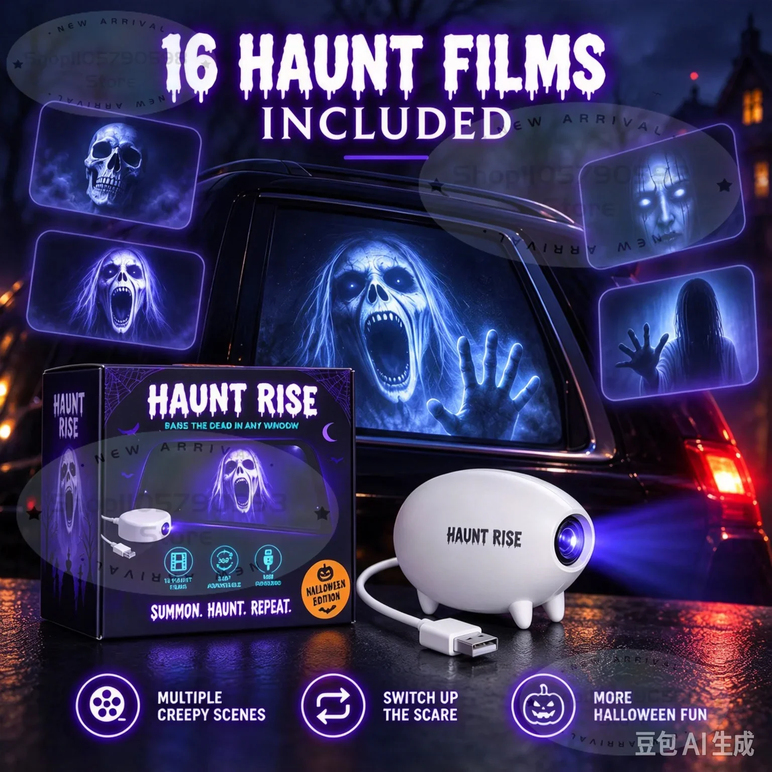 Halloween Horror Window Projector, Haunt Rise Mini USB Portable Projector 360° Adjustable, Spooky Ghost Movie Projection Lamp