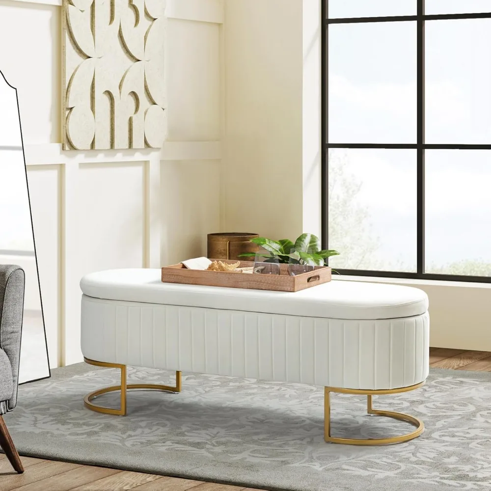 Бархатная скамья для хранения вещей с двумя дополнительными пуфиками, современная длинная скамья для хранения с откидной крышкой и золотым металлом
