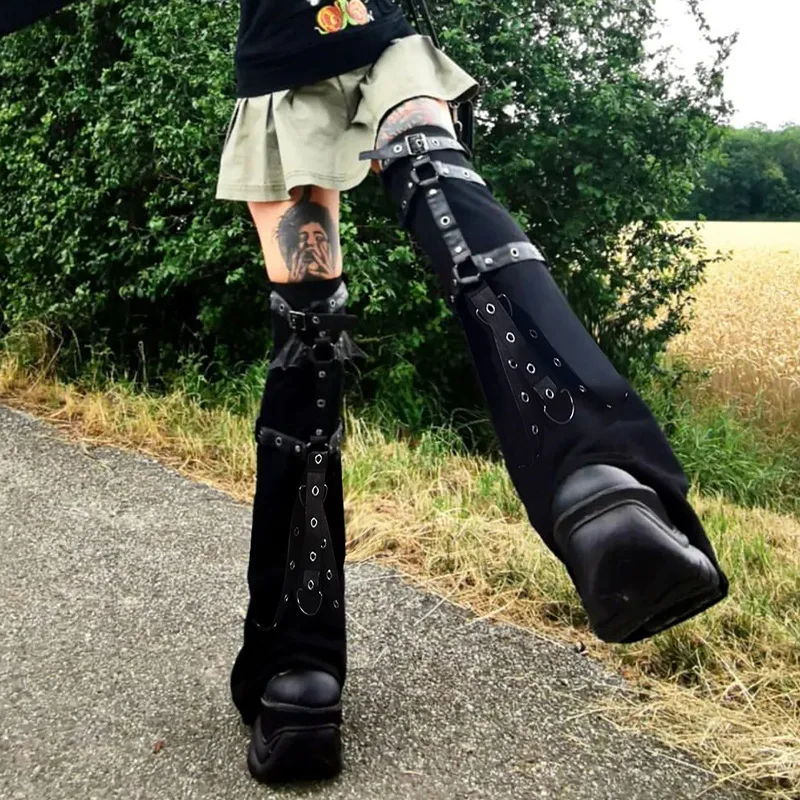 Street Style Punk Leg Warmers Academia Mall Goth Knee Sleeves Bandage Leg High Boot Stockings Full Length Women Socks Y2k 2025