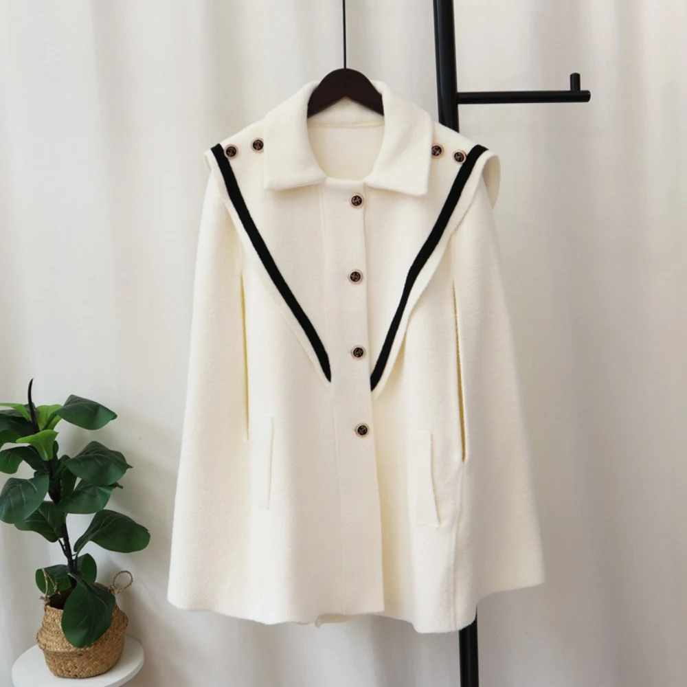 Women Wool Coat Shawl Turn Down Collar Single Breasted Blends Coats Solid Button Casual Pockets Cape Spliced Autumn Winter