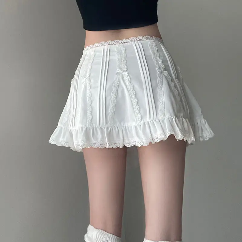 Mini Skirt Bow Lace Patchwork Solid Cute A-Line Streetwear Loose White Basic Skirts Women Outfits Y2k Versatile Short Skirt