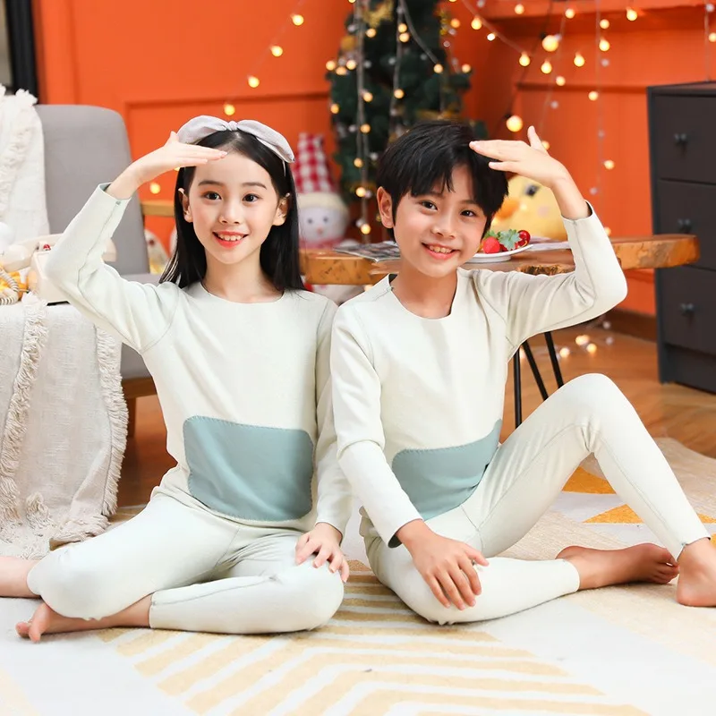 Children's Underwear Suit Boneless Long Johns Bellyband Patch Seamless Thermal Underwear Boys and Girls Thermal Pajamas 7-12y