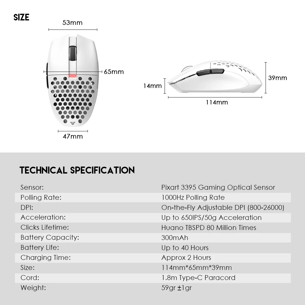 FANTECH ARIA XD7 Gaming Mouse 59g Mouse PIXART 3395 Wired and Wireless Mouse Huano 80 Million TTC Gold Encoder for Mouse Gamer