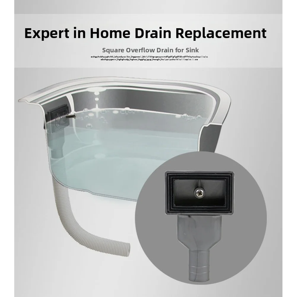 Kitchen Sink Side Overflow Accessory Gray PP Square Head with 250mm Adjustable Overflow Pipe Fitting for Drain Setup
