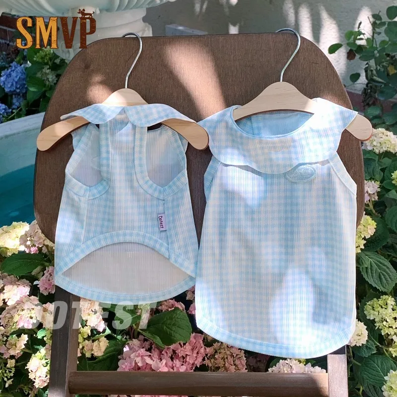 Breathable Cooling Pet Summer Vest Light Blue Plaid Peter Pan Collar Sleeveless Sling Tank Top Casual Outfit for Small Pets