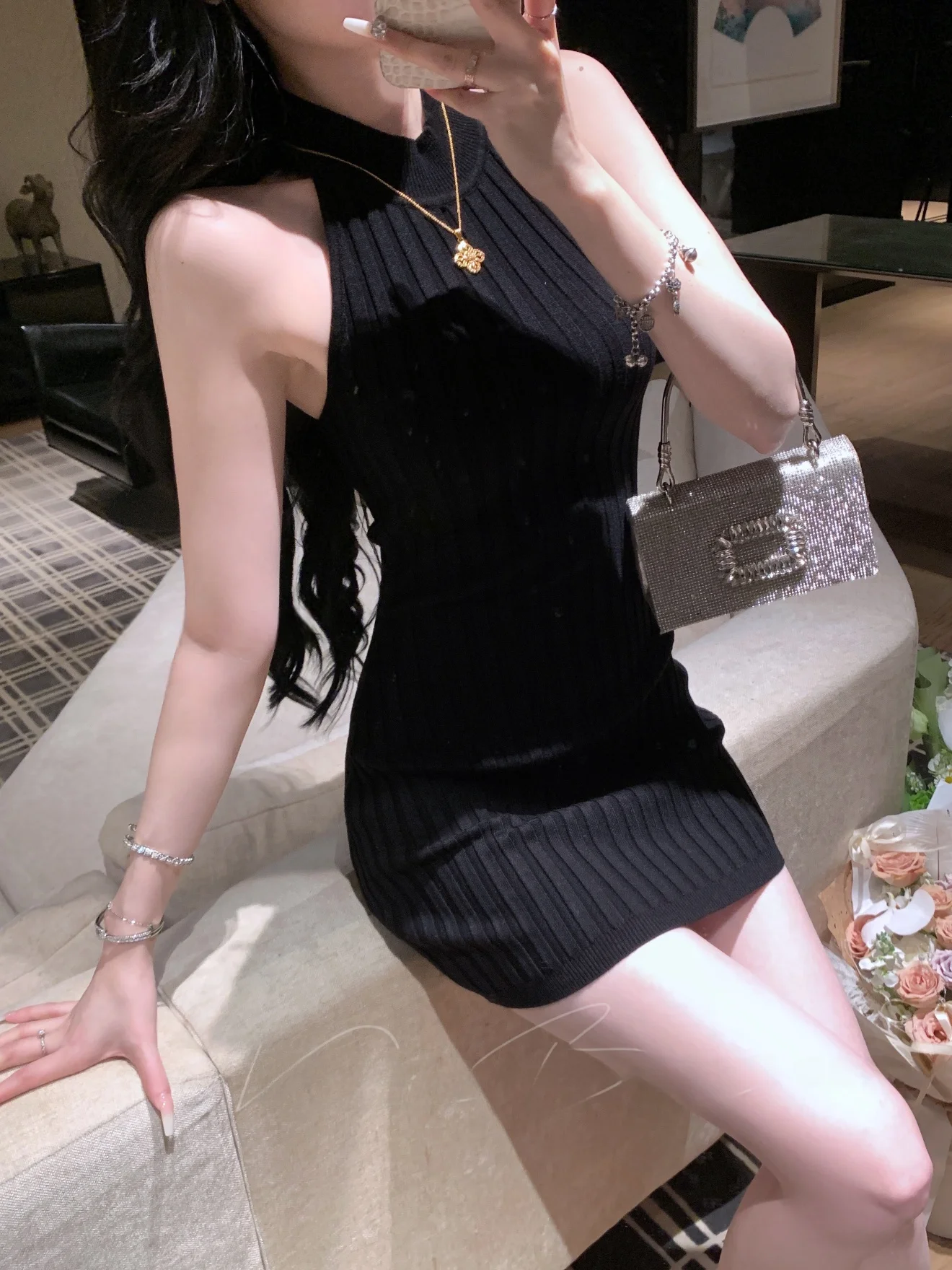 

French Style Knitted Sexy Neckline Dress Sleeveless Slim Fit Short Skirt for Women Summer Autumn Season Formal Casual Wear