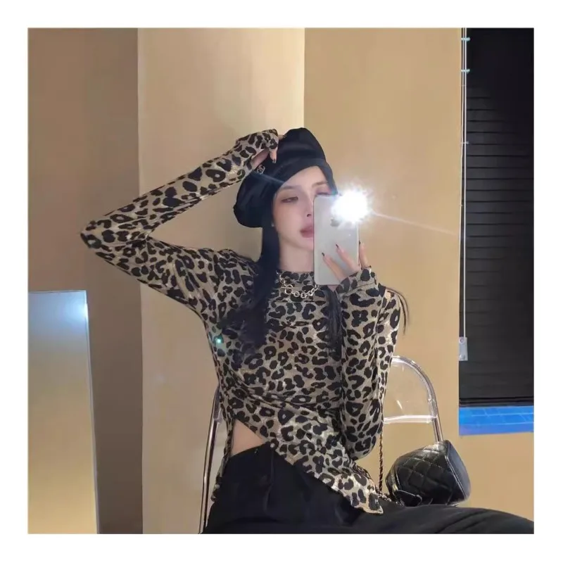 Print Short Tight-fitting Top Hot Girl Anchor's Outfit Stylish Form-fitting Irregular Long-sleeved T Shirt For Women