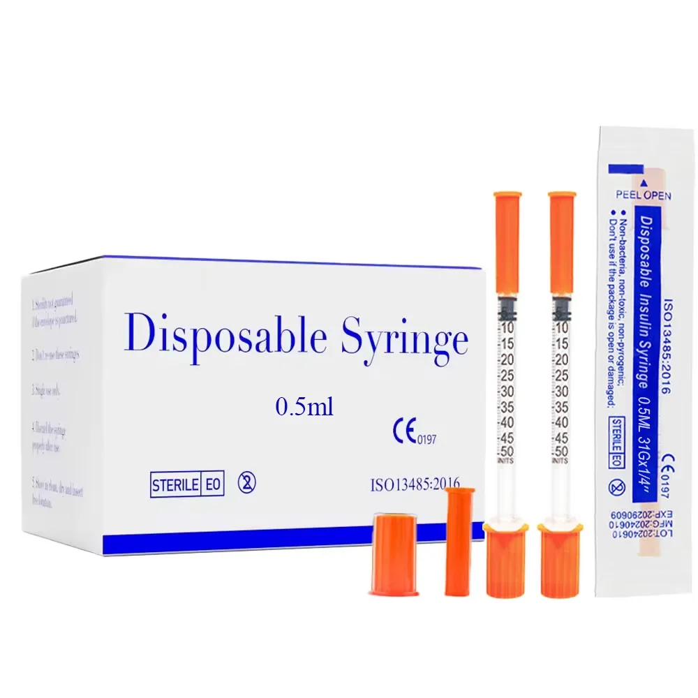 100pcs 0.5ml 31G 1/4 inch New Spec Sterile Manual Insulin Syringe With 6mm Needles Individually Wrapped for Pets Veterinary Use