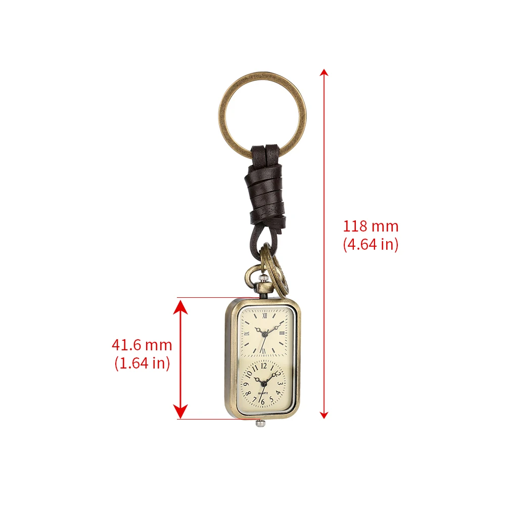 Dual Time Zone Rectangle Shaped Bronze Quartz Keychain Pocket Watch Antique Stylish Gifts Men Women