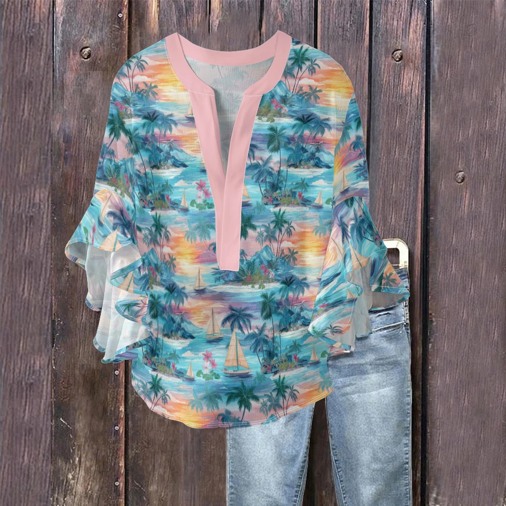 فلامنغو الاستوائية طباعة المرأة بلوزة عصرية الخامس الرقبة جرس الأكمام فلوي التجعيد النسيج قميص الحلو النمط الرعوي بلايز عادية