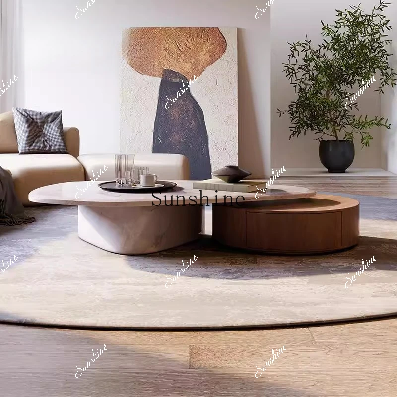 

Coffee table living room household small apartment light luxury movable with natural marble oval FT