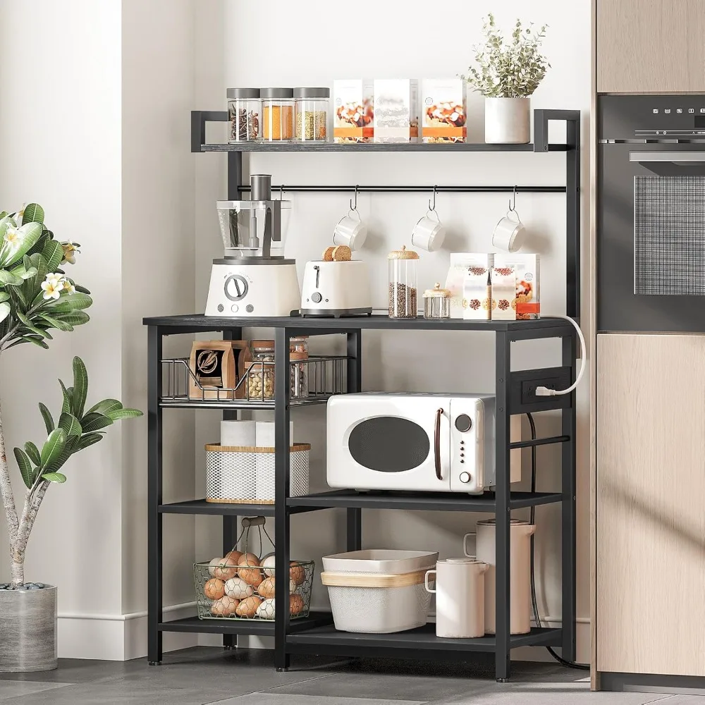 

Kitchen Bakers Rack with Power Outlet, Coffee Bar, Microwave Oven Stand with Mesh Basket, Coffee Station