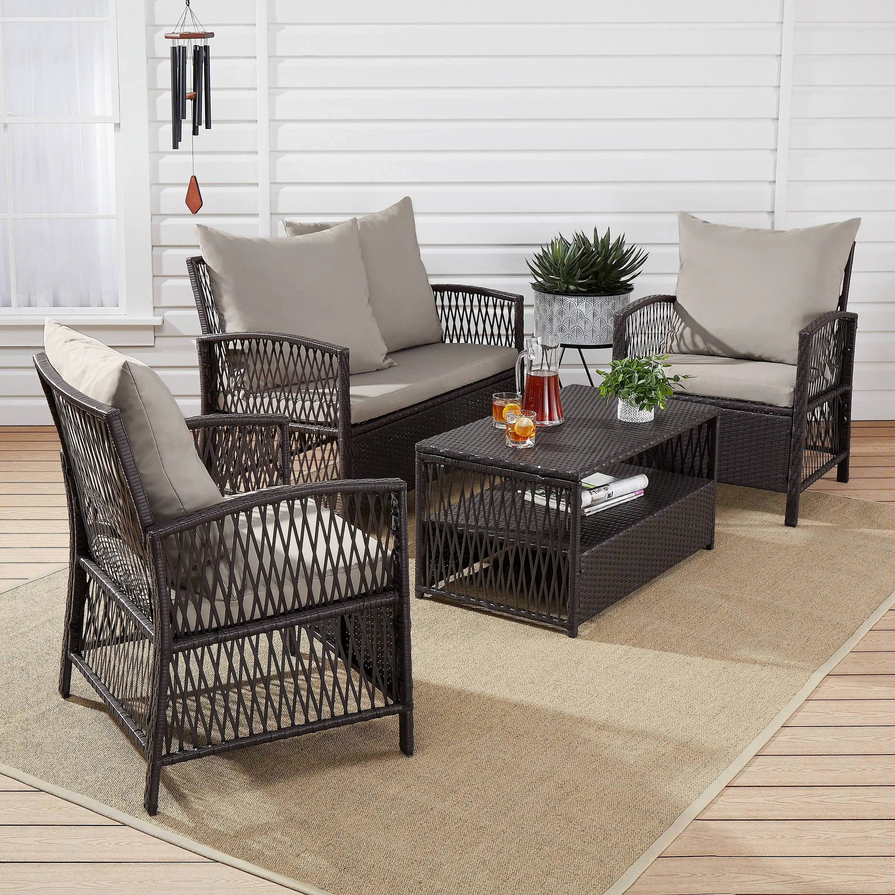 

Sanza4-PieceOutdoor Rattan Wicker Conversation Set Mocha/Beige Furniture set is easily cleaned- just wipe down with a damp cloth