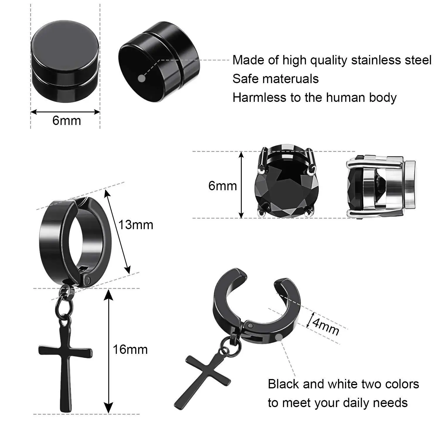 10 Pairs Stainless Steel Non-Piercing Magnetic Stud Earrings Unisex CZ Magnet Ear Clip Women And Men Punk Hip Hop Earring Set