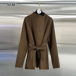 VGH Solid Casual Patchwork Belt Coats For Women Lapel Long Sleeve Spliced Single Button Loose Trench Female Autumn Fashion Style