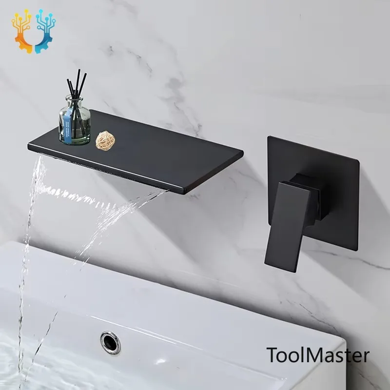 

【2026】Brass Matte Black Wall Mounted Waterfall Basin Faucet Set Bathroom Hot Cold Water Bathtub Washbasin Sink Mixer Tap Modern