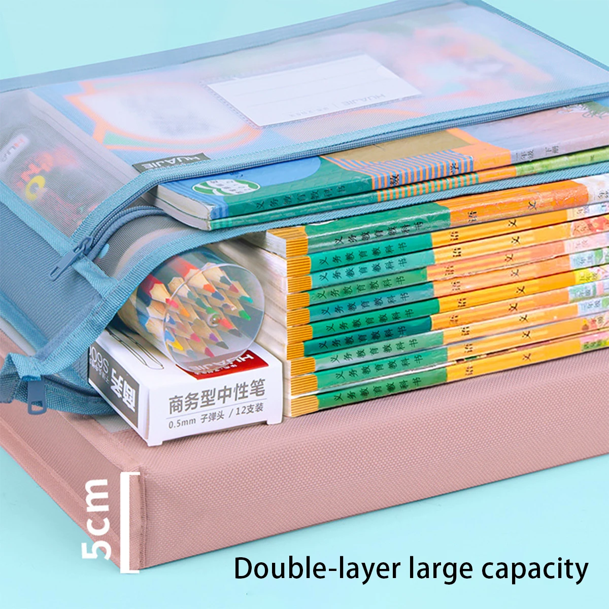 Transparent Mesh Homework Storage Bag A4 Large Capacity Double Layer Mesh Zipper Bag Multifunctional Portable Folder Office