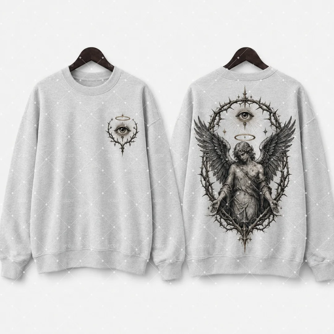 Gothic Angel All‑Seeing Eye Crewneck Sweatshirt Men Women Double Print Vintage Graphic Pullover Unisex Streetwear Sweatshirts