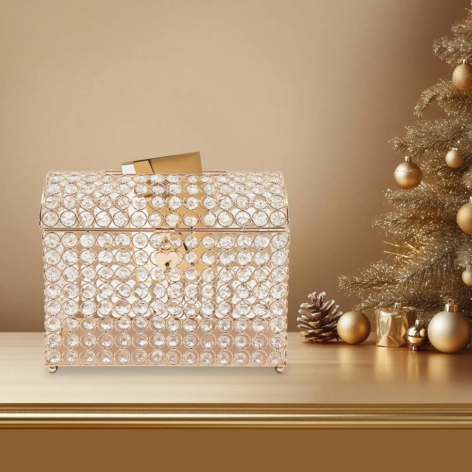 Crystal Wedding Card Box With Heart Lock, Money Card Box Treasure Chest Style Gold Gift For Wedding Receptions, Centerpiece Decor, Anniversary, Keepsake, Bedroom Decor And Accessories,Wedding Must Haves, Christmas Gifts