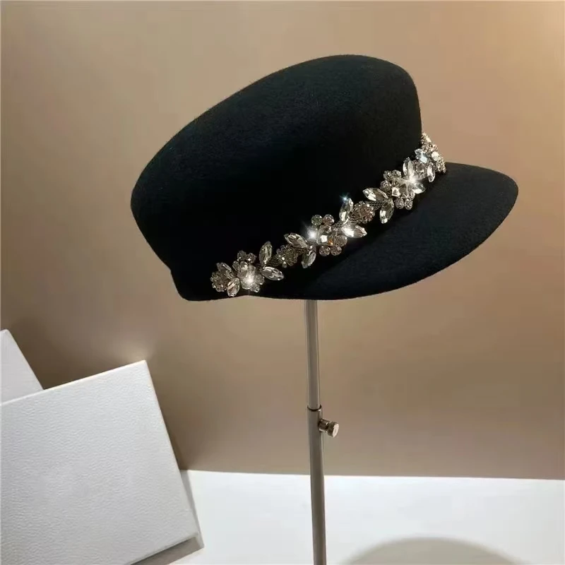 

202411-16 ins chic winter wool felt luxury large shiny rhinestone flowers chain lady Octagonal hat women visors cap