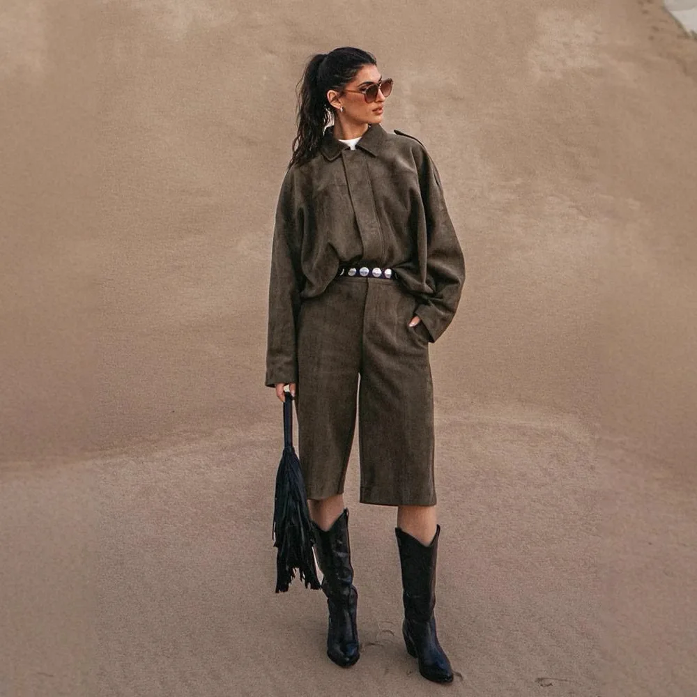 AUTUMN Women Loose Casual Coat Shorts Sets Vintage Suede Oversized Long Sleeve Zipper Bomber Jacket Spring Street Chic Suit