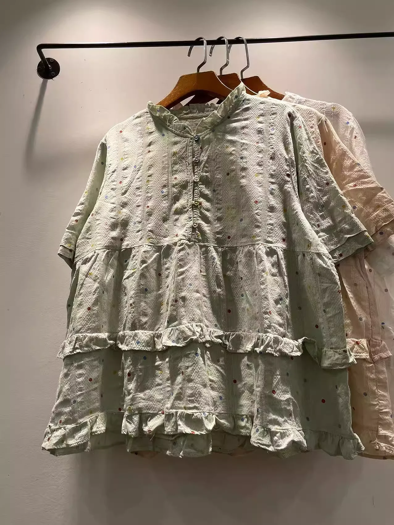 

2025 Stylish women blouse mori girl white beige green ruffled shirts and blouses for women summer loose short sleeve tops
