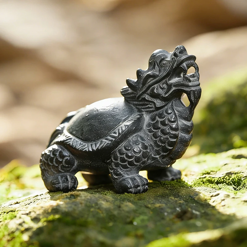 Dragon Turtle Natural Black Basalt Hand Carved Feng Shui Prosperity Statue Home Office Desk Decor Collectible Housewarming Gift