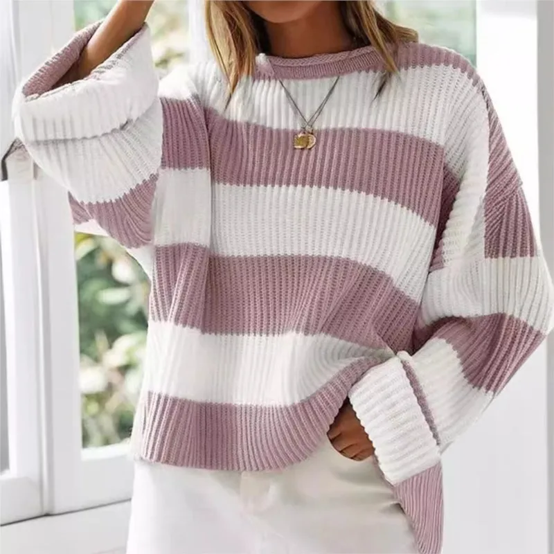 Autumn And Winter Stripe Sweater Women Loose Pullover Jumper Tops Female Long Sleeve O Neck Colored Knitted Sweaters Streetwear