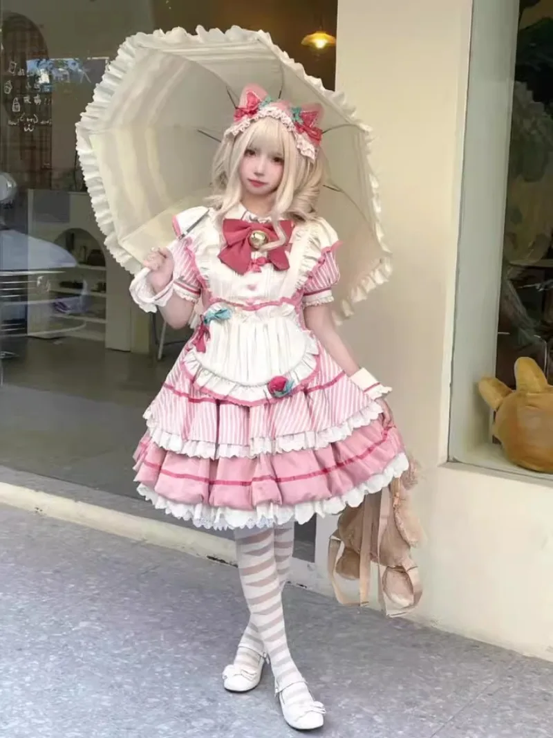 2025 novo verão japonês lolita lapela arco rosa e branco cor combinando cintura avental fino vestido para mulher