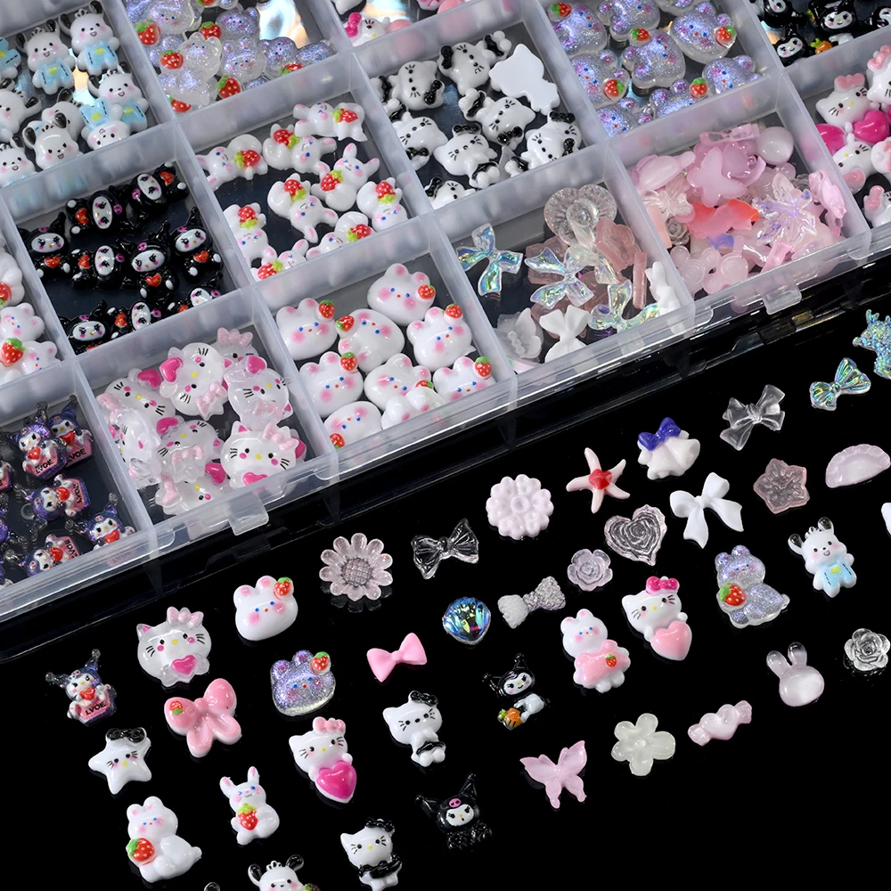 

24grids/Box Vibrant Hello Kitty & Kuromi Nail Art Decor Kawaii Nail Rhinestones Charms Set DIY Manicure Jewelry Crafts Accessory