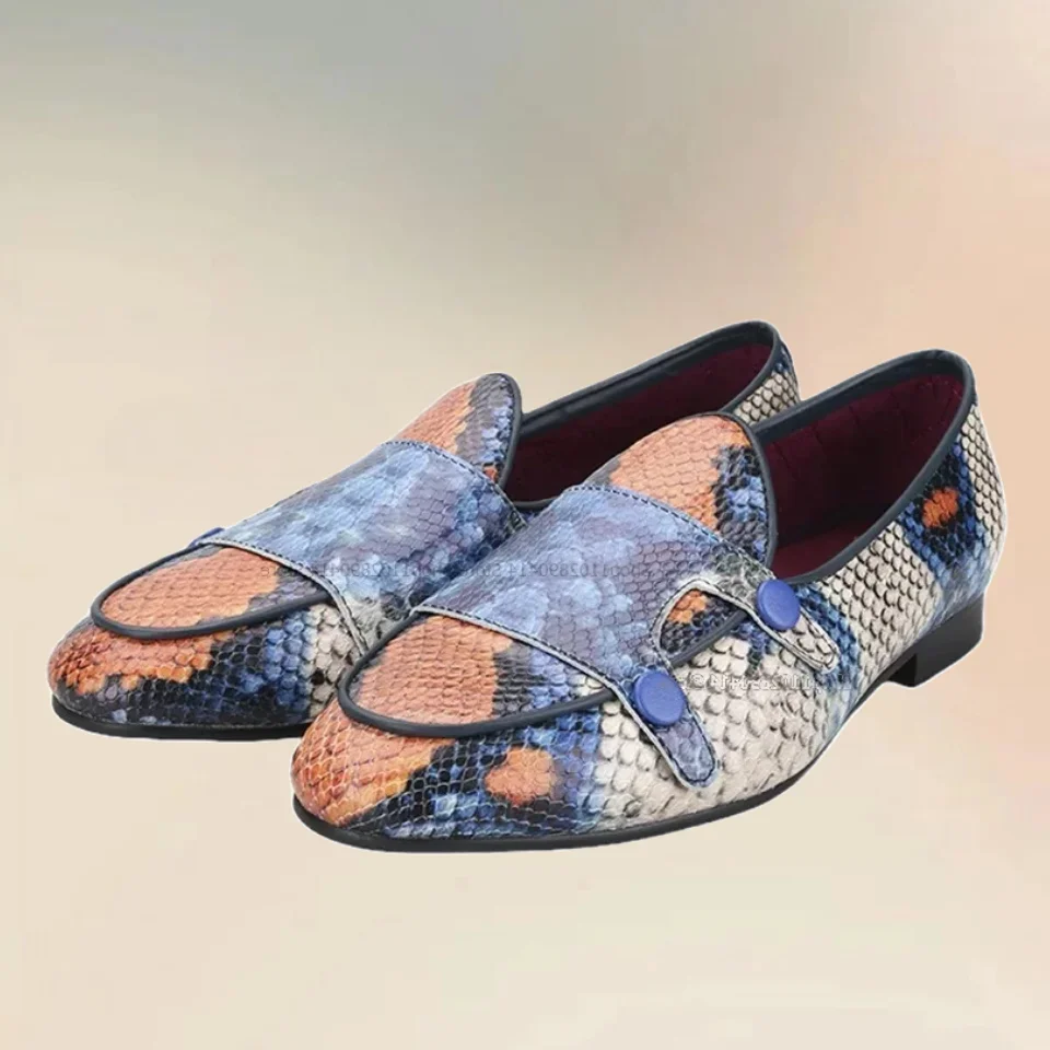 

Button Decor Mixed Color Snakeskin Design Loafers Fashion Slip On Men Shoes Novel Handmade Party Feast Banquet Men Casual Shoes