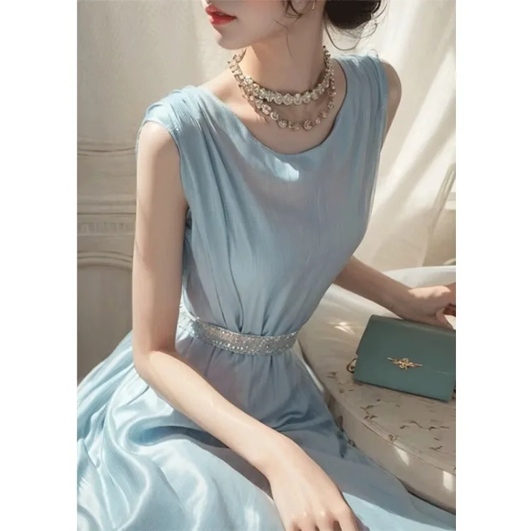 Korejepo French Chic Beautiful Dresses Temperament Celebrity High End Muse Blue Vest Dress High Street Goddess Gentle Vestido