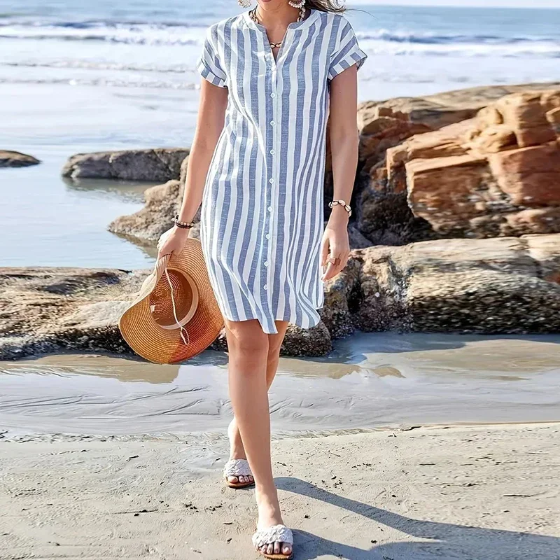 ファッション半袖ターンダウンカラーシャツワンピース レディース Vネック ストライプ柄 プリント パーティー ドレス カジュアル ショート丈ワンピース ボヘミアン