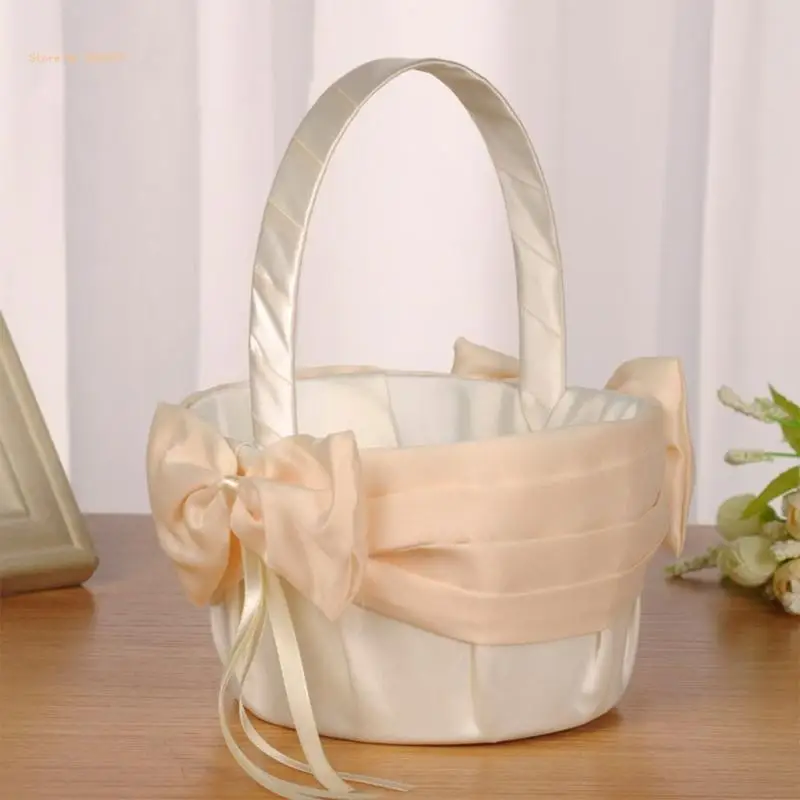Flower Girl Basket for Wedding Small Wrapped Champagne Color Bows Decor Dropship